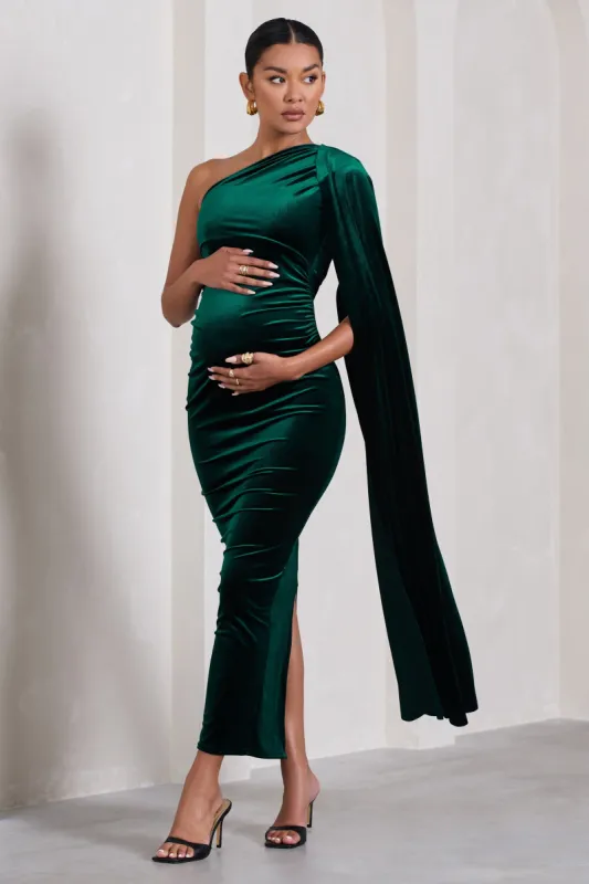 Amaryllis | Bottle Green Velvet Maternity One Shoulder Maxi Dress with Cape Sleeve sold by Club L London