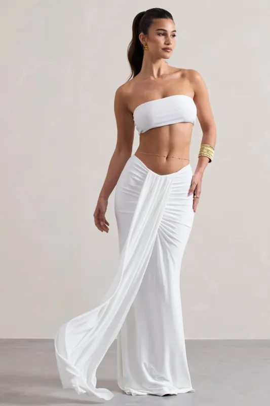 Vitality | White Ruched Drape Maxi Skirt sold by Club L London