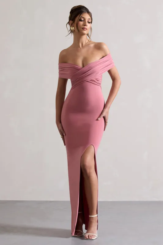 Refined | Blush Pink Twist Front Bardot Maxi Dress sold by Club L London