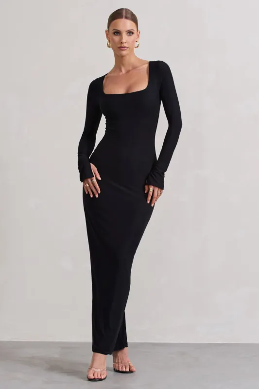 Viva | Black Square-Neck Long-Sleeve Maxi Dress sold by Club L London