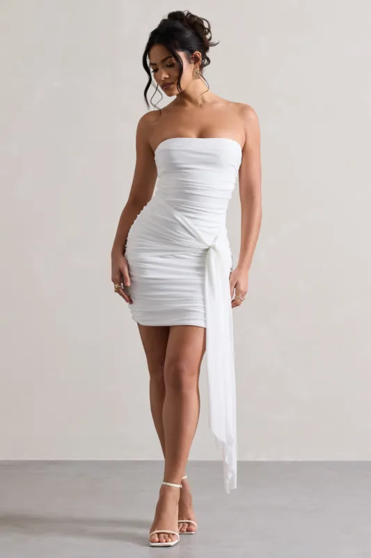 Jesse | White Ruched Mini Dress With Knot Detail sold by Club L London