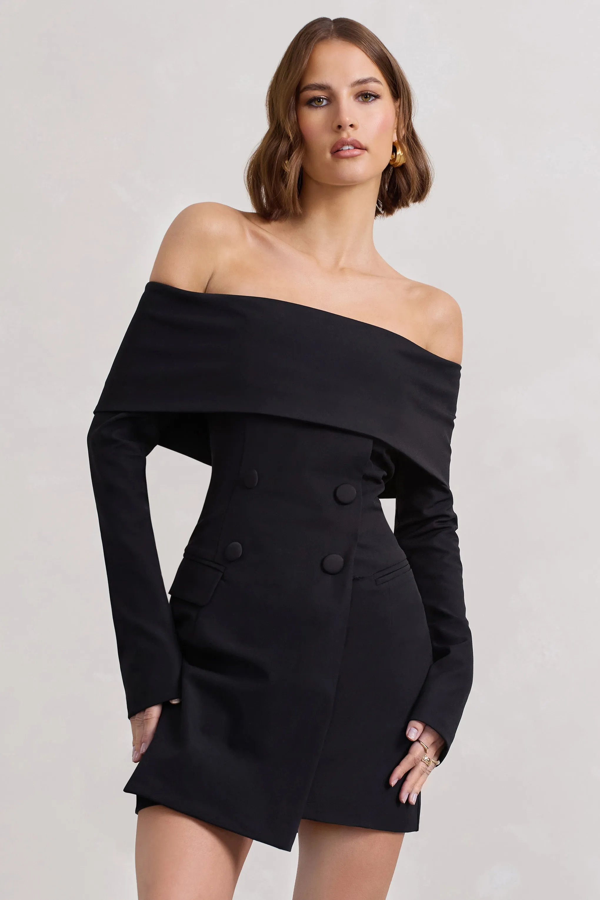 Tara | Black Bardot Tailored Blazer Dress sold by Club L London
