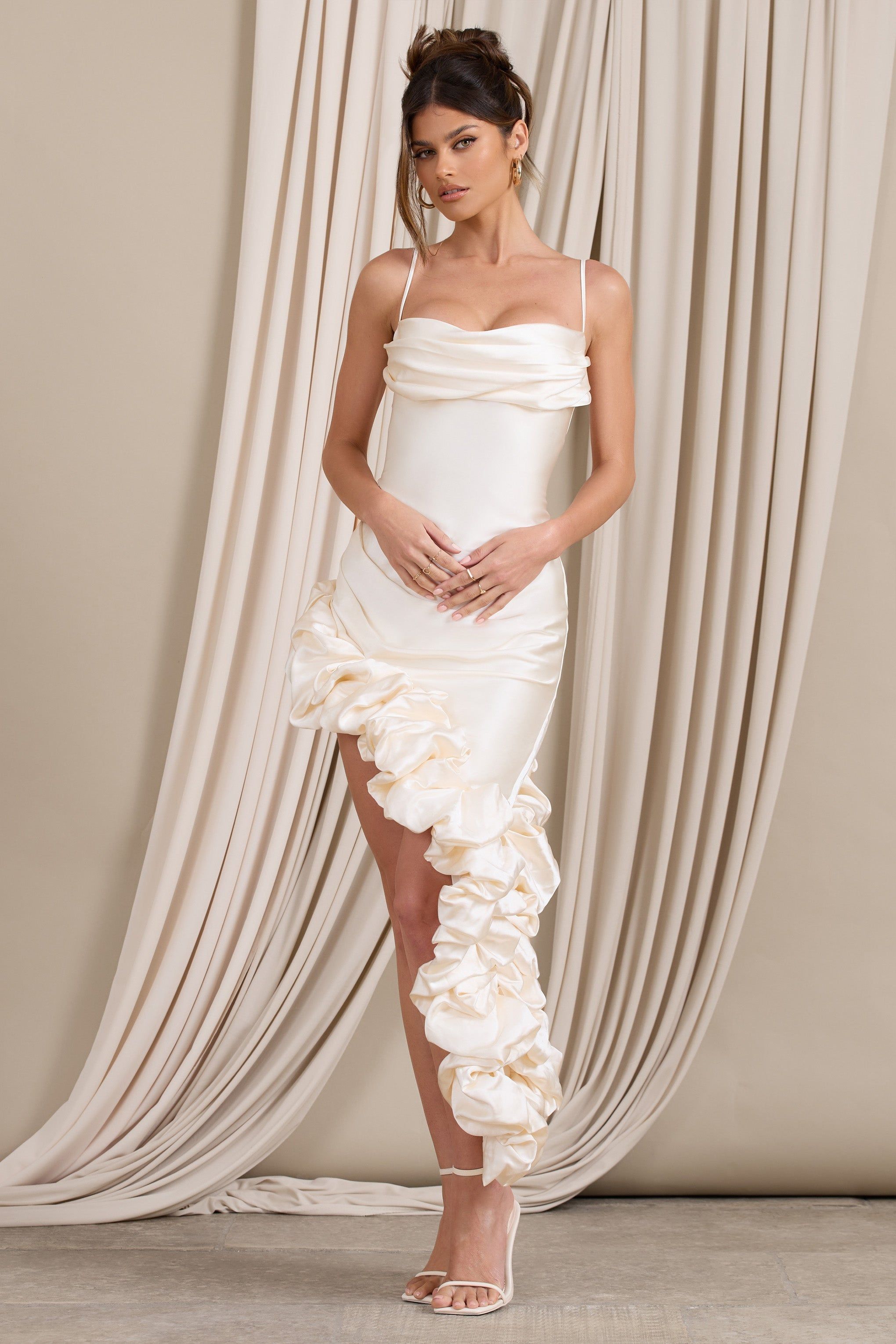 Florence | Off White Satin Asymmetric Ruffle Cowl Midi Dress sold by Club L London product image thumbnail 5
