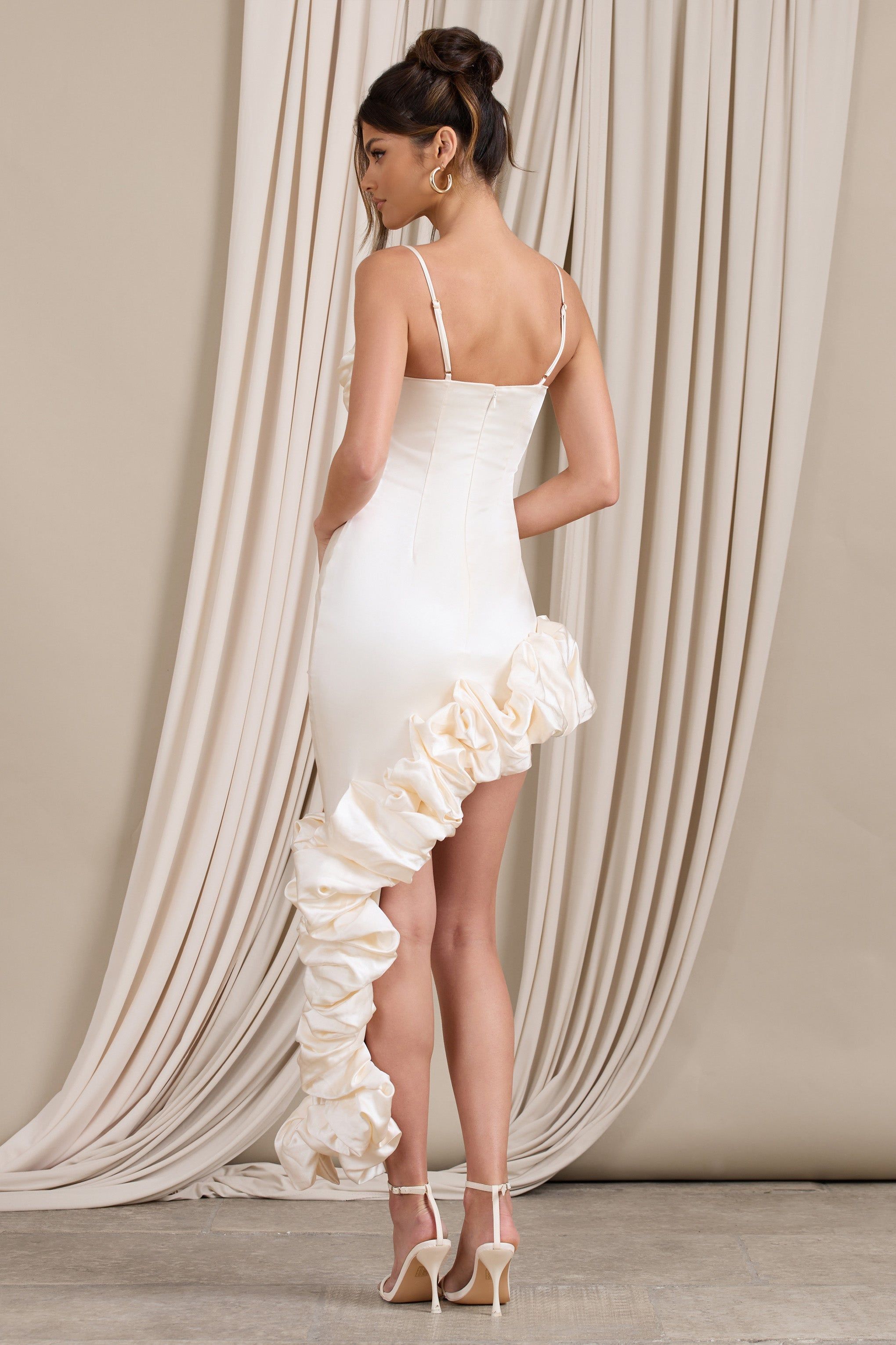 Florence | Off White Satin Asymmetric Ruffle Cowl Midi Dress sold by Club L London product image thumbnail 2