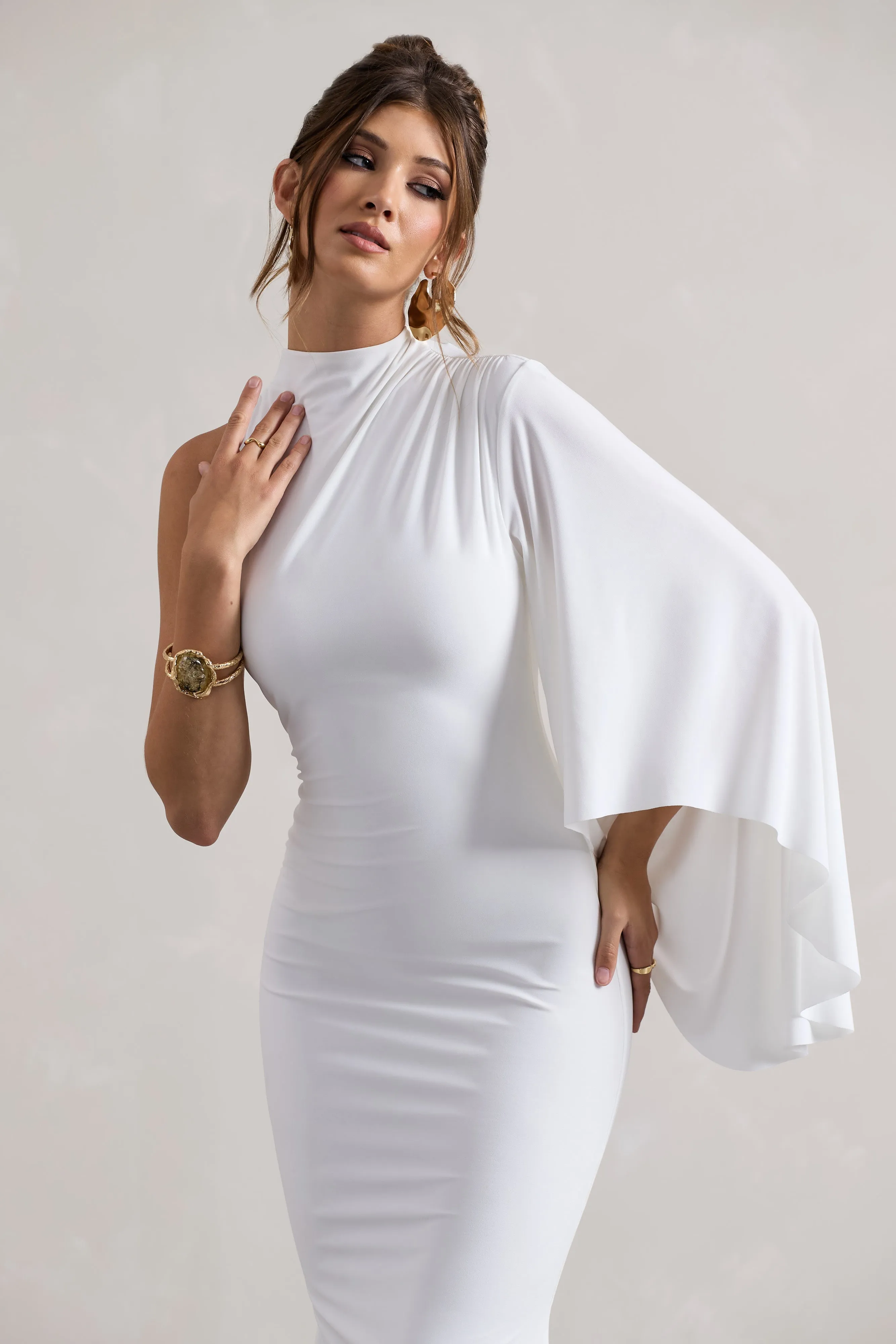 Samaya | White High-Neck Cape-Sleeve Maxi Dress sold by Club L London product image thumbnail 5