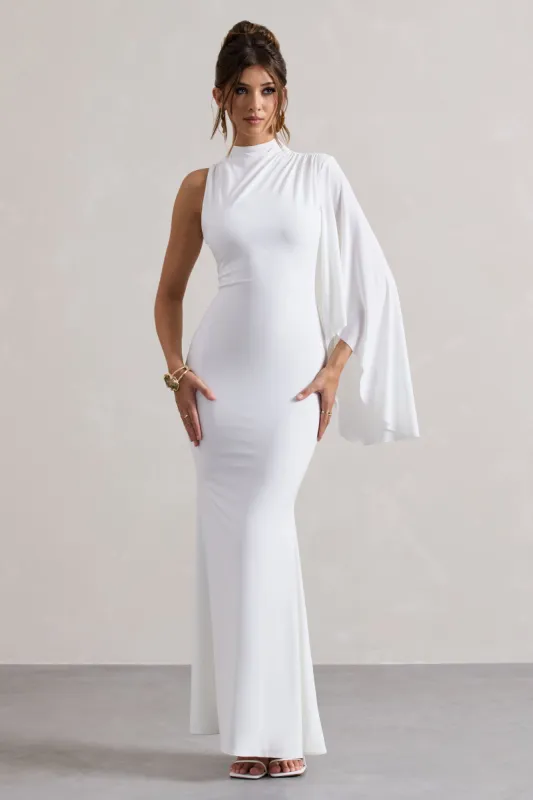 Samaya | White High-Neck Cape-Sleeve Maxi Dress sold by Club L London