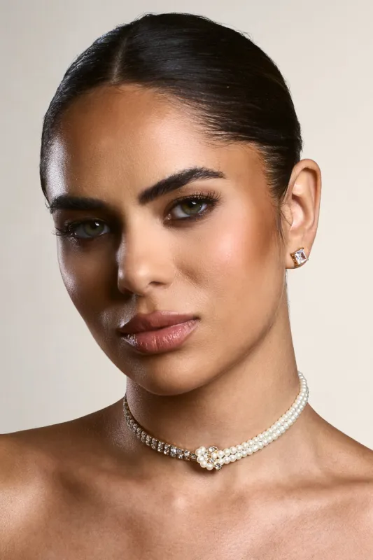 Charlene | Gold Diamante & Pearl Necklace sold by Club L London