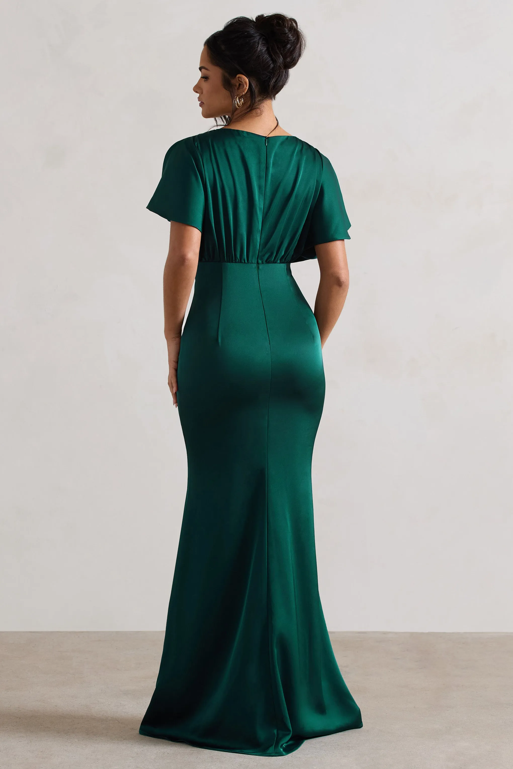 Marisa | Dark Green Satin V-Neck Flutter-Sleeve Maxi Dress sold by Club L London product image thumbnail 2