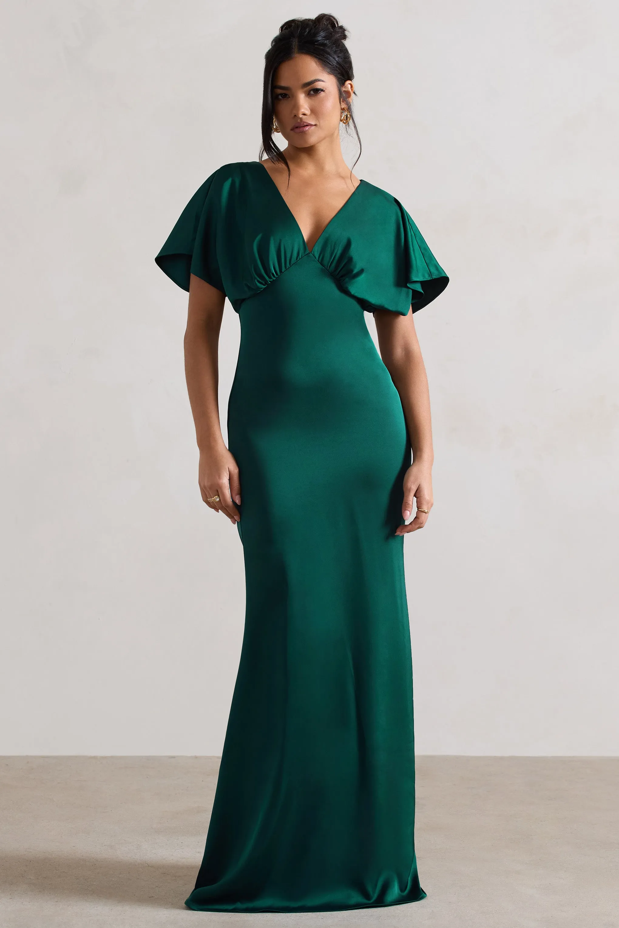 Marisa | Dark Green Satin V-Neck Flutter-Sleeve Maxi Dress sold by Club L London