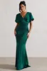 Marisa | Dark Green Satin V-Neck Flutter-Sleeve Maxi Dress sold by Club L London