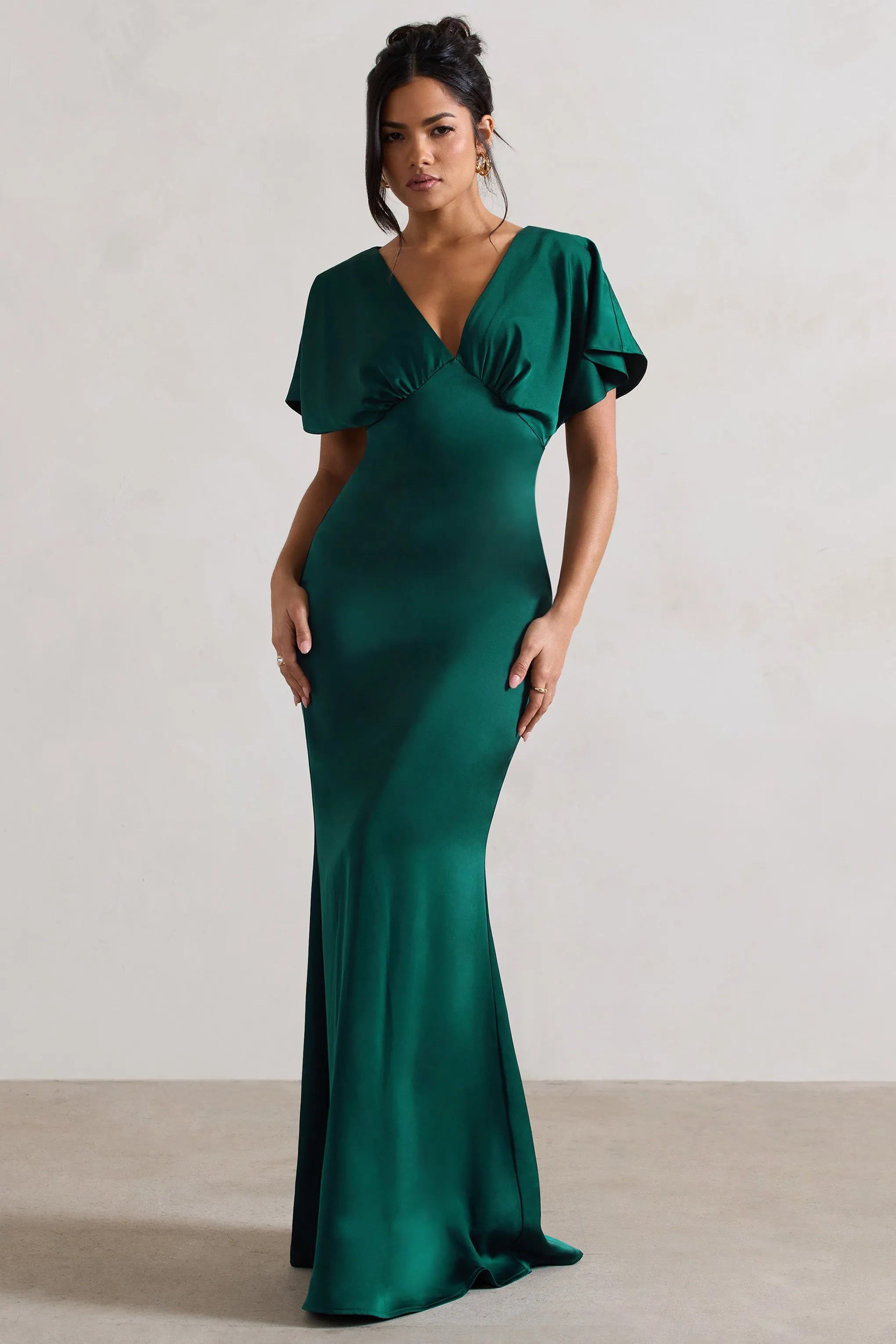 Marisa | Dark Green Satin V-Neck Flutter-Sleeve Maxi Dress sold by Club L London product image thumbnail 4