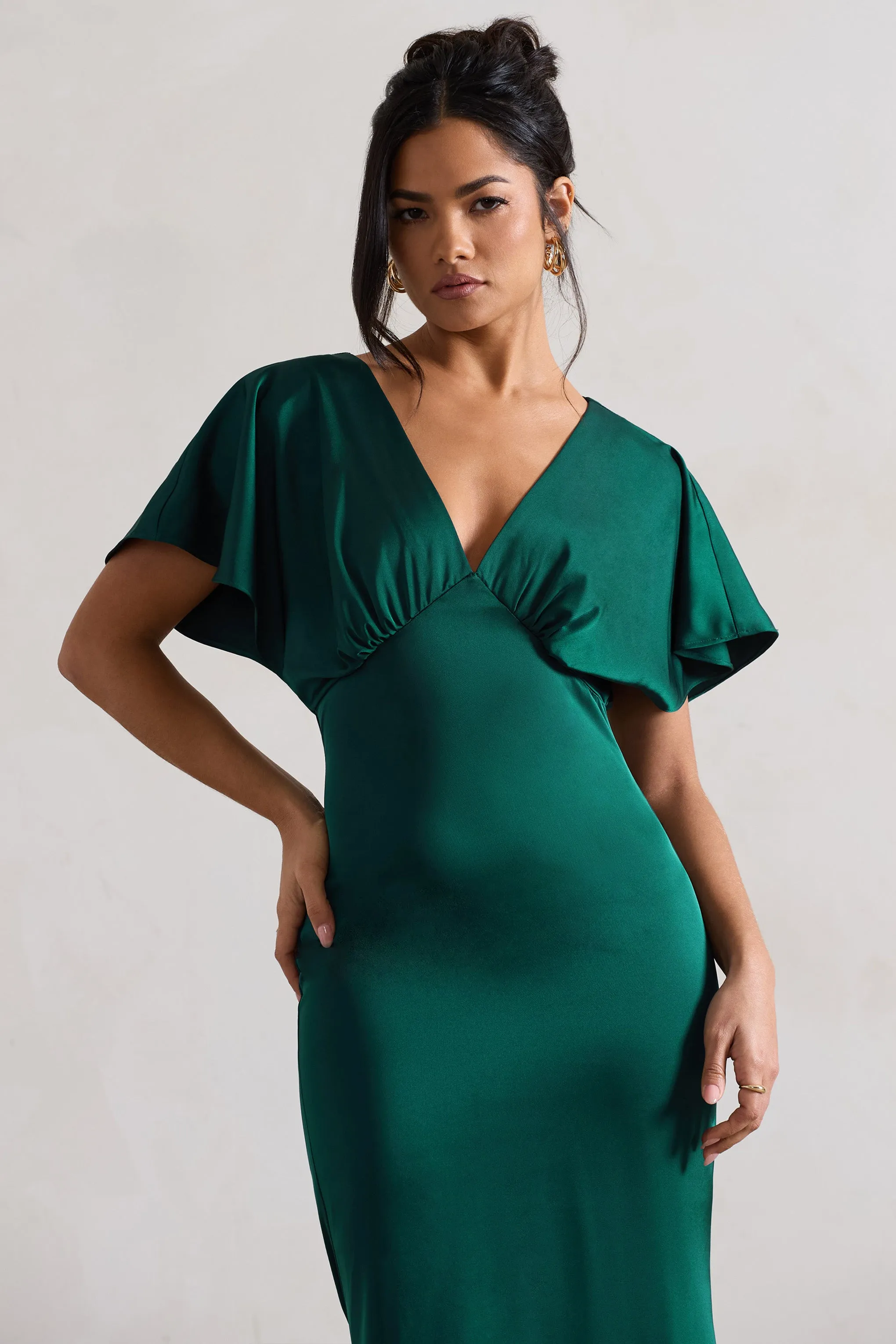 Marisa | Dark Green Satin V-Neck Flutter-Sleeve Maxi Dress sold by Club L London product image thumbnail 3