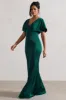 Marisa | Dark Green Satin V-Neck Flutter-Sleeve Maxi Dress sold by Club L London
