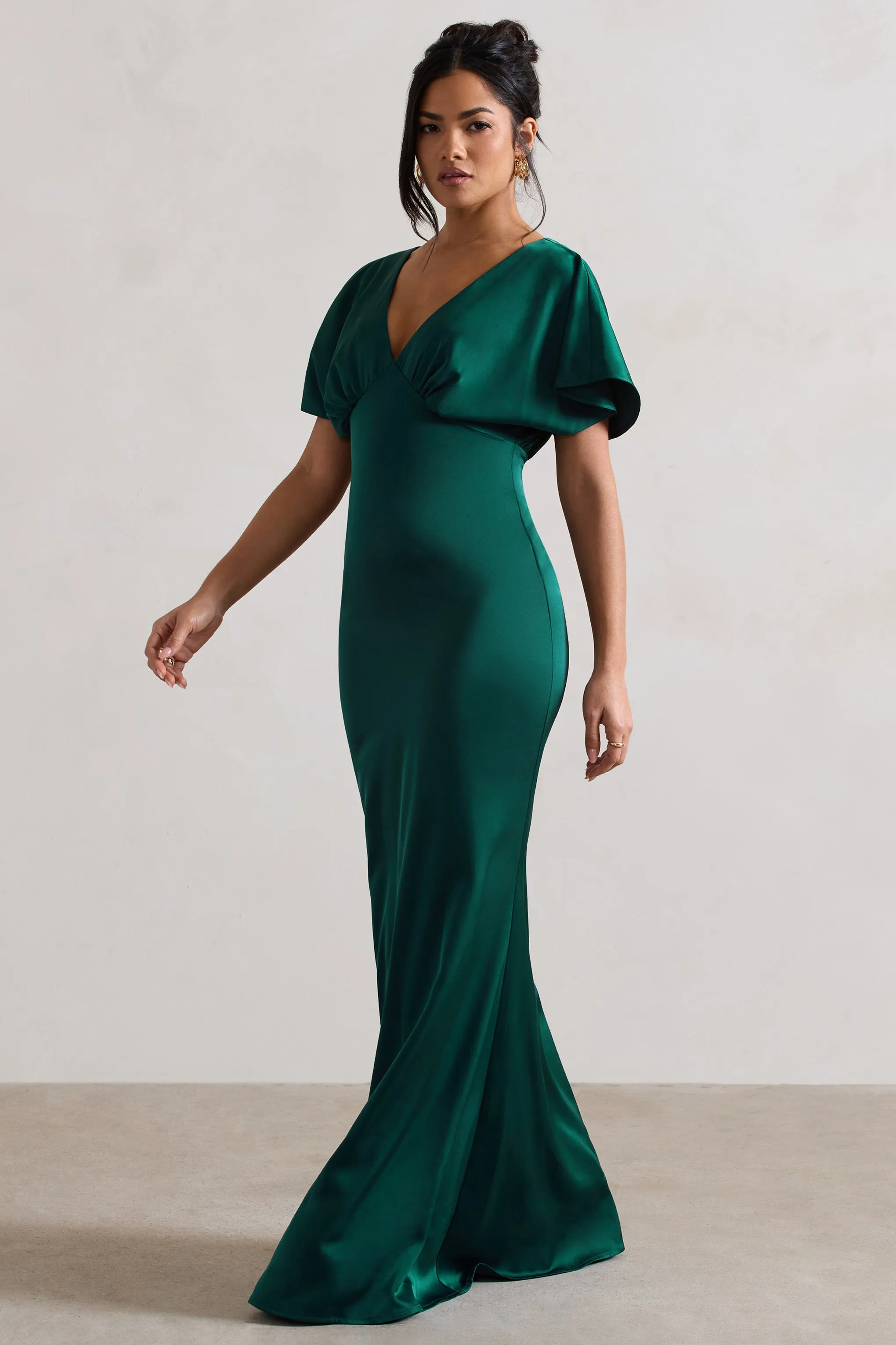 Marisa | Dark Green Satin V-Neck Flutter-Sleeve Maxi Dress sold by Club L London product image thumbnail 5