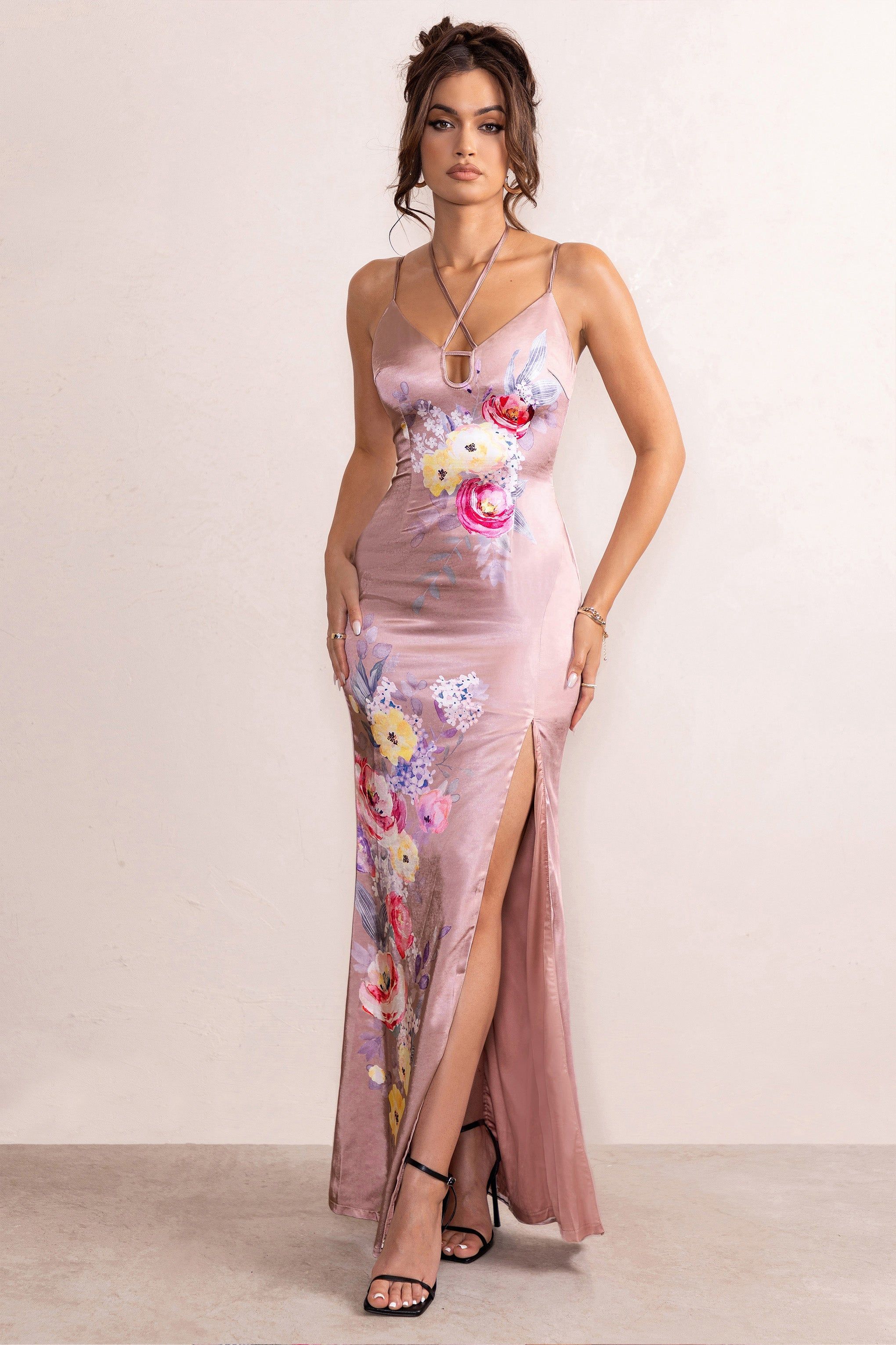 Adhara | Blush Pink Floral Placement Print Satin Plunge Neck Maxi Dress With Thigh Split sold by Club L London product image thumbnail 5