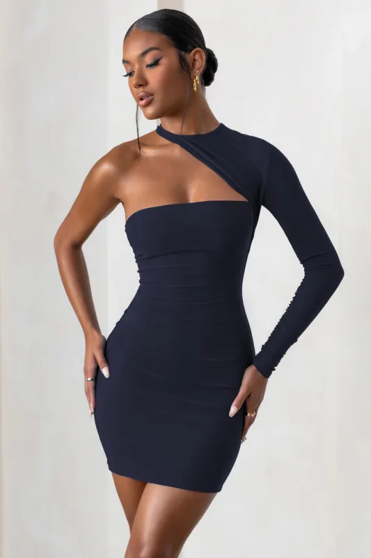 Perfect Touch | Navy One Shoulder Long Sleeve Mini Dress sold by Club L London