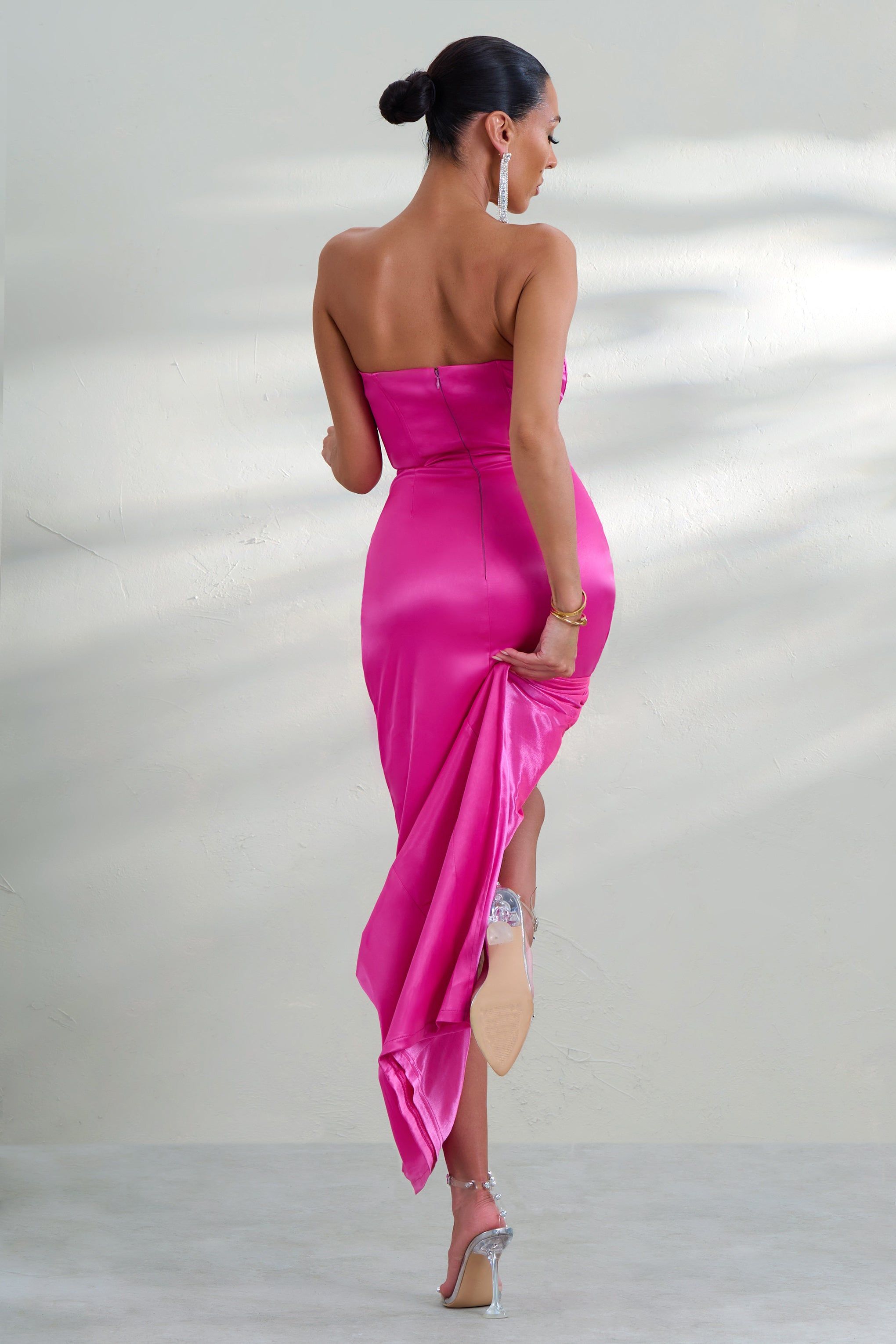 Romancing | Hot Pink Satin Bandeau Corset Maxi Dress With Thigh Split sold by Club L London product image thumbnail 2