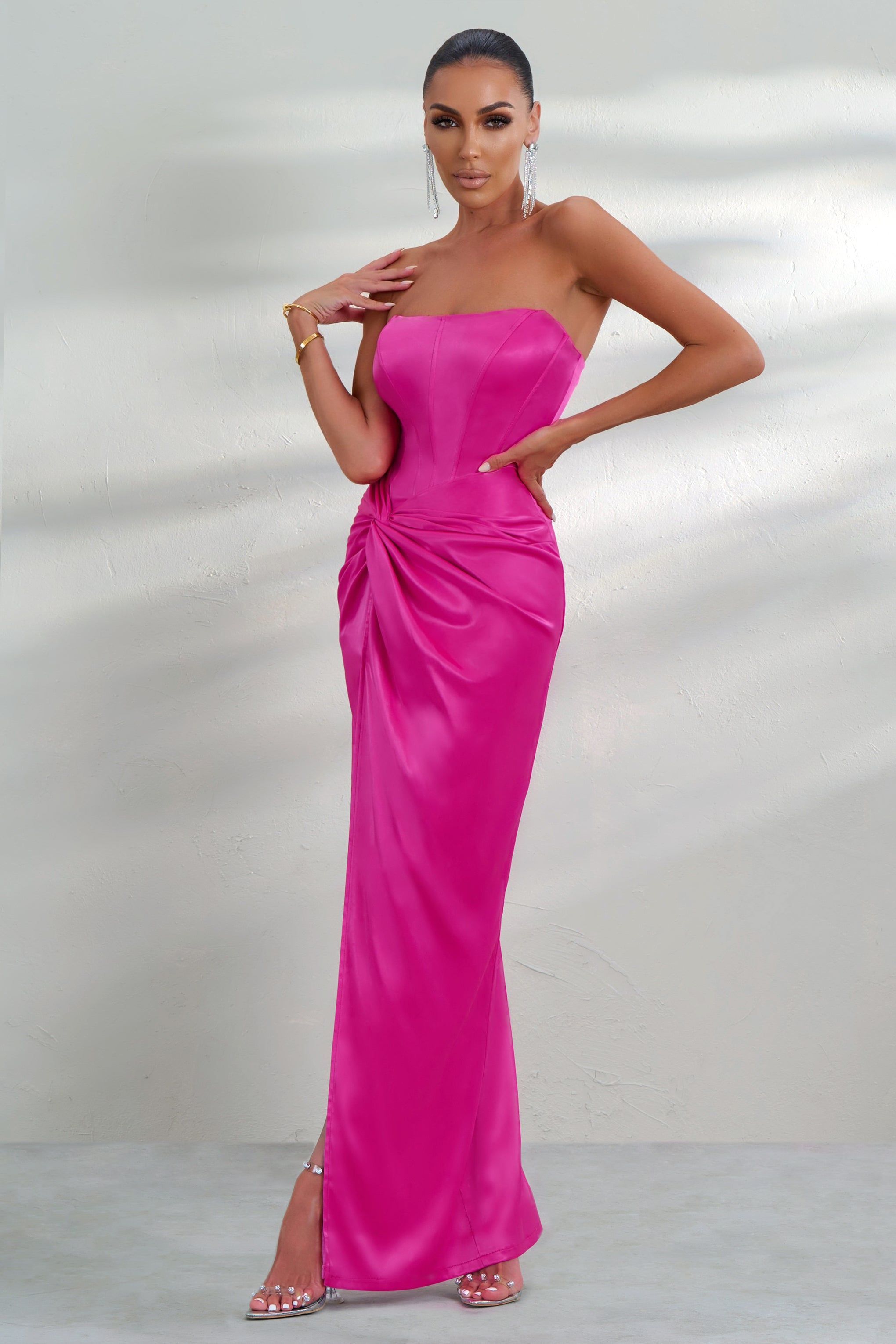 Romancing | Hot Pink Satin Bandeau Corset Maxi Dress With Thigh Split sold by Club L London