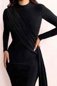 Keeley | Black High Neck Long Sleeve Maxi Dress with Drape Detail sold by Club L London