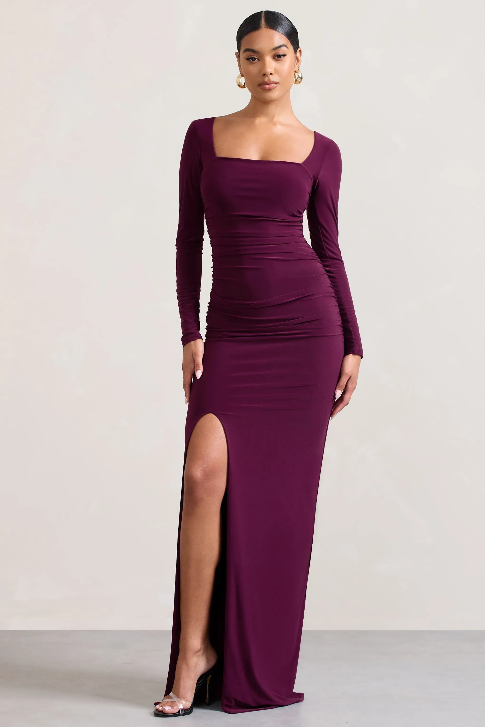 My Pleasure | Burgundy Square Neck Ruched Maxi Dress sold by Club L London product image thumbnail 4