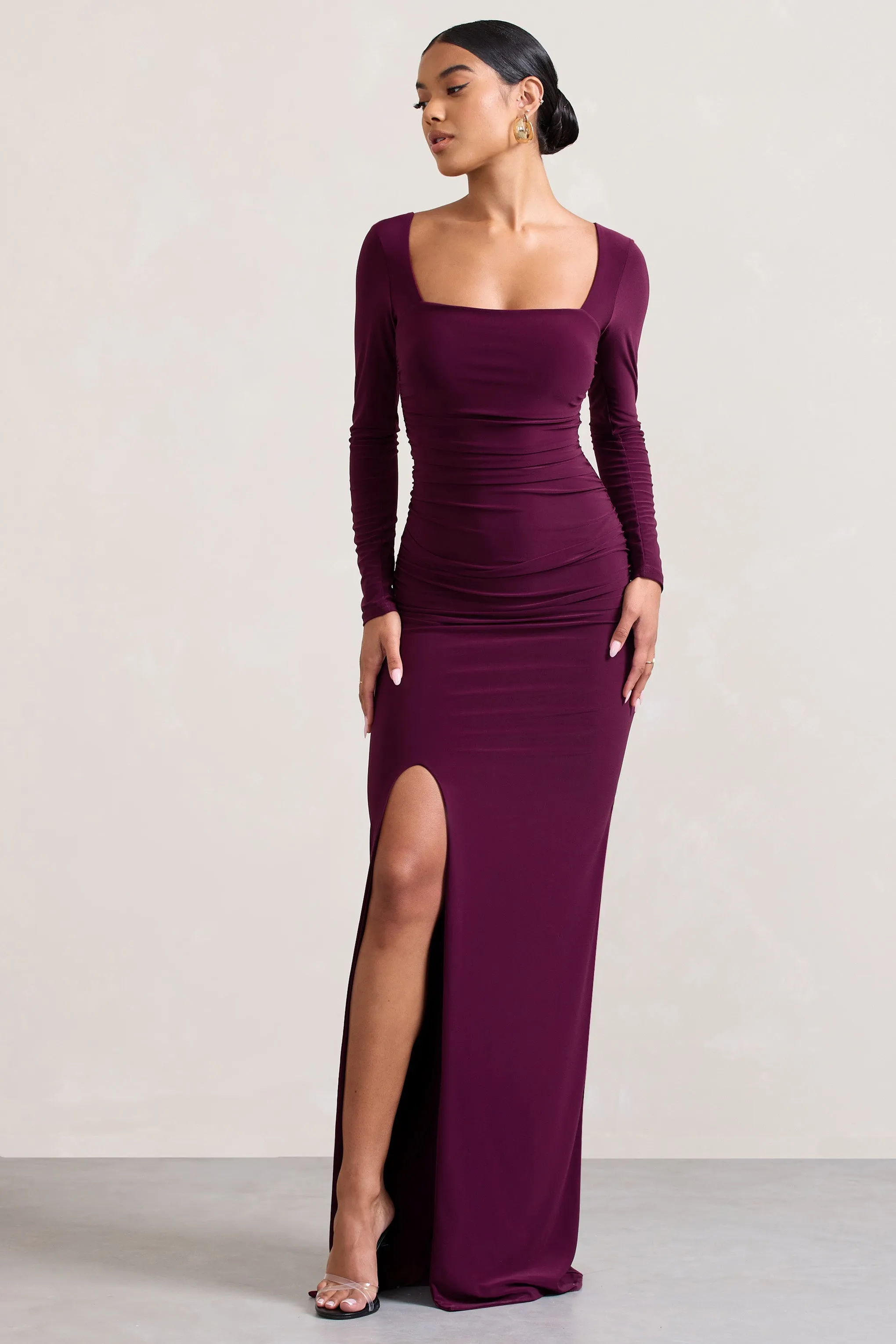 My Pleasure | Burgundy Square Neck Ruched Maxi Dress sold by Club L London
