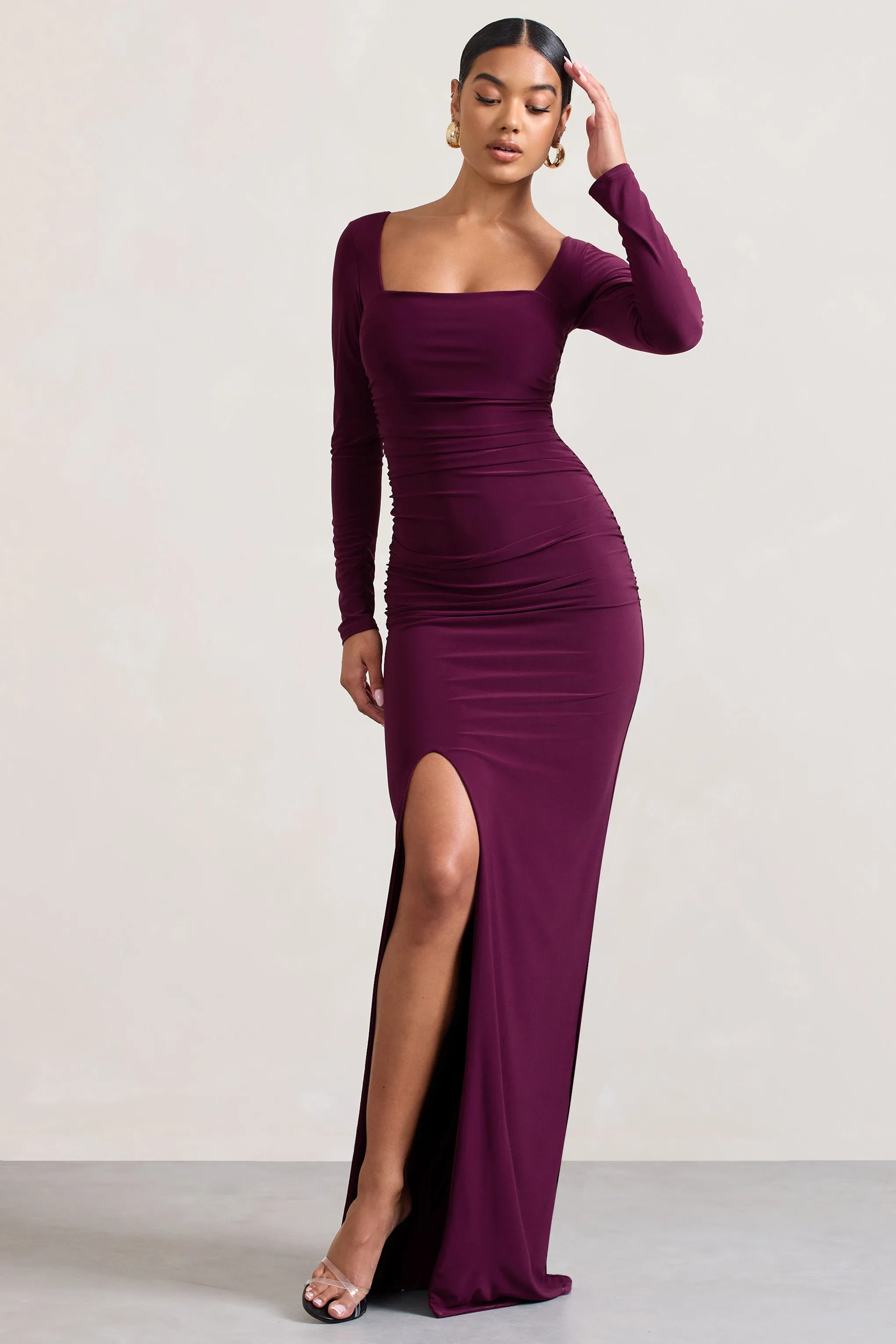 My Pleasure | Burgundy Square Neck Ruched Maxi Dress sold by Club L London product image thumbnail 5