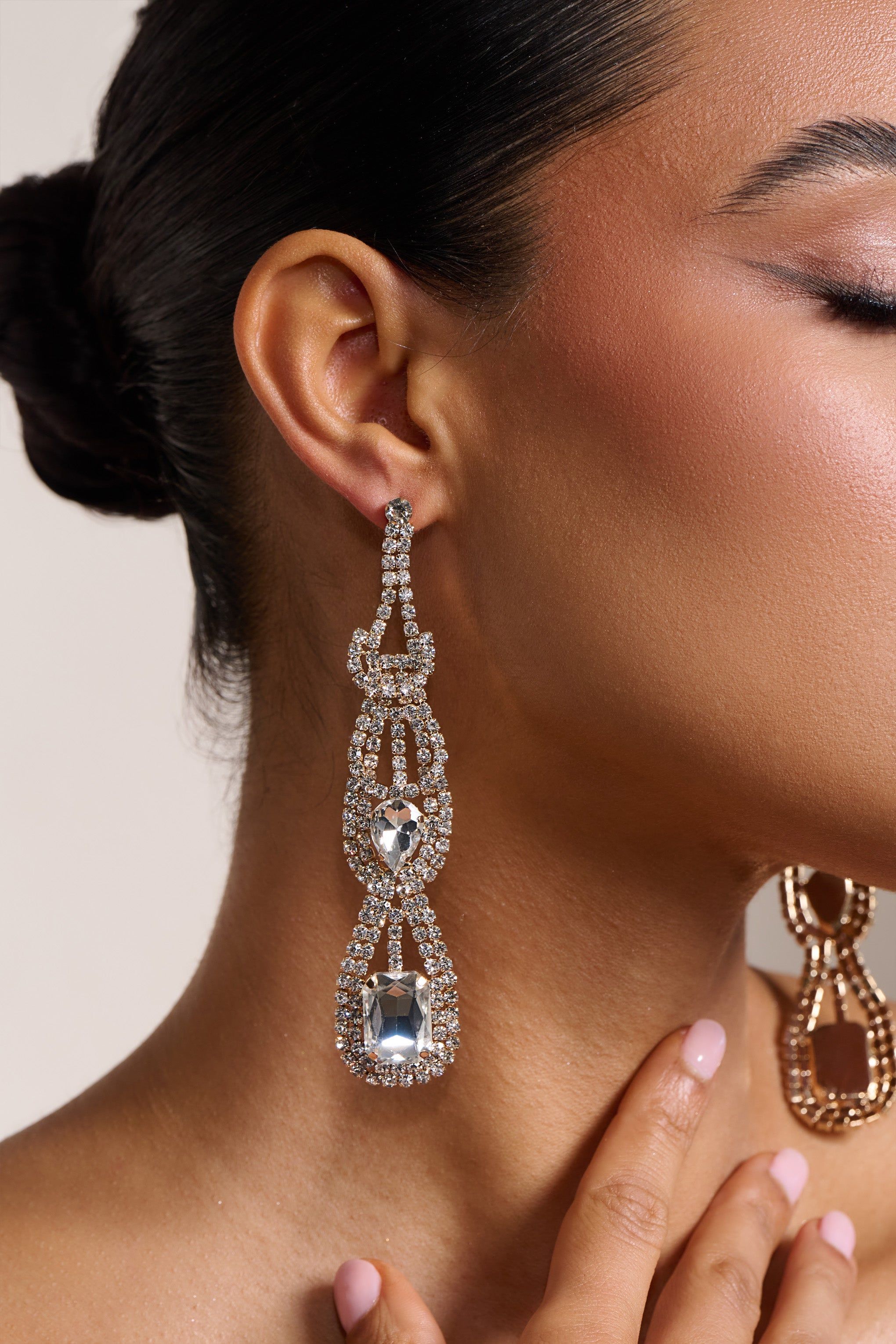 Rita | Gold Diamante Statement Drop Earrings sold by Club L London product image thumbnail 2