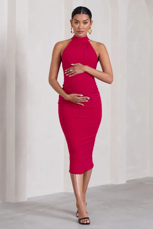 Dora | Red Halter-Neck Open-Back Maternity Midi Dress sold by Club L London
