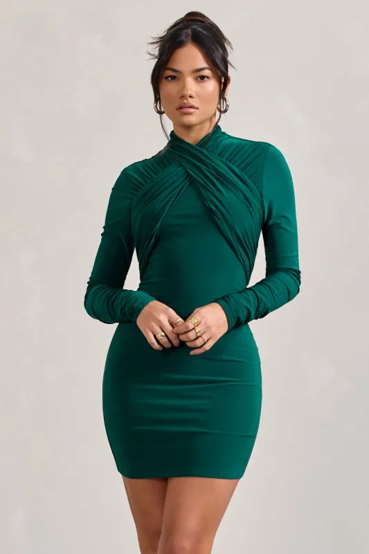Eve | Bottle Green Crossed-Neck Long-Sleeved Bodycon Mini Dress sold by Club L London