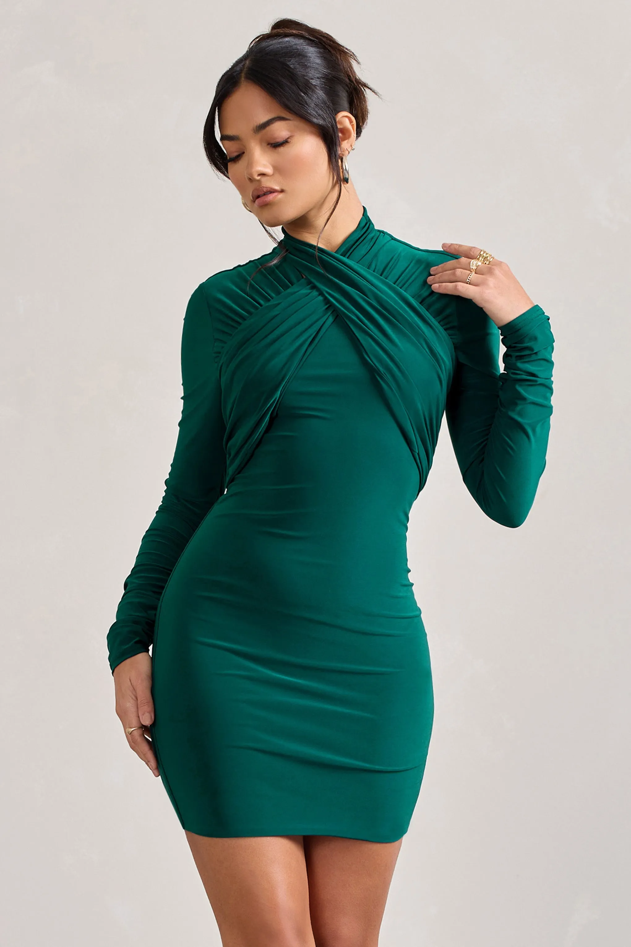 Eve | Bottle Green Crossed-Neck Long-Sleeved Bodycon Mini Dress sold by Club L London product image thumbnail 5