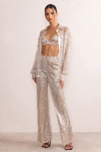 Dance All Night | Champagne Sequin High Waist Wide Leg Pants sold by Club L London