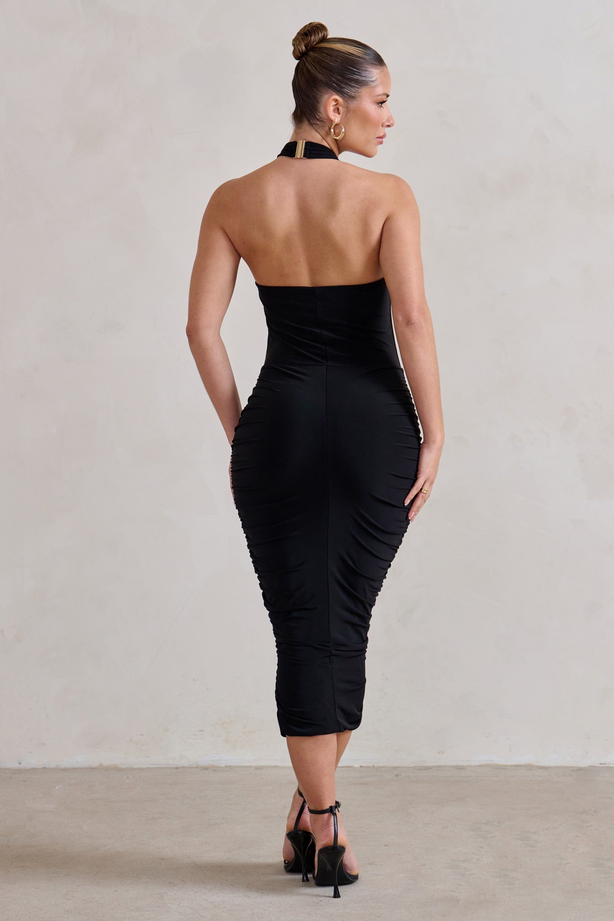 Chrissy | Black Halterneck Ruched Midi Dress sold by Club L London product image thumbnail 2