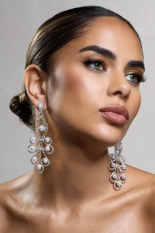 Chandelier | Gold Diamante Pearl Statement Earrings sold by Club L London