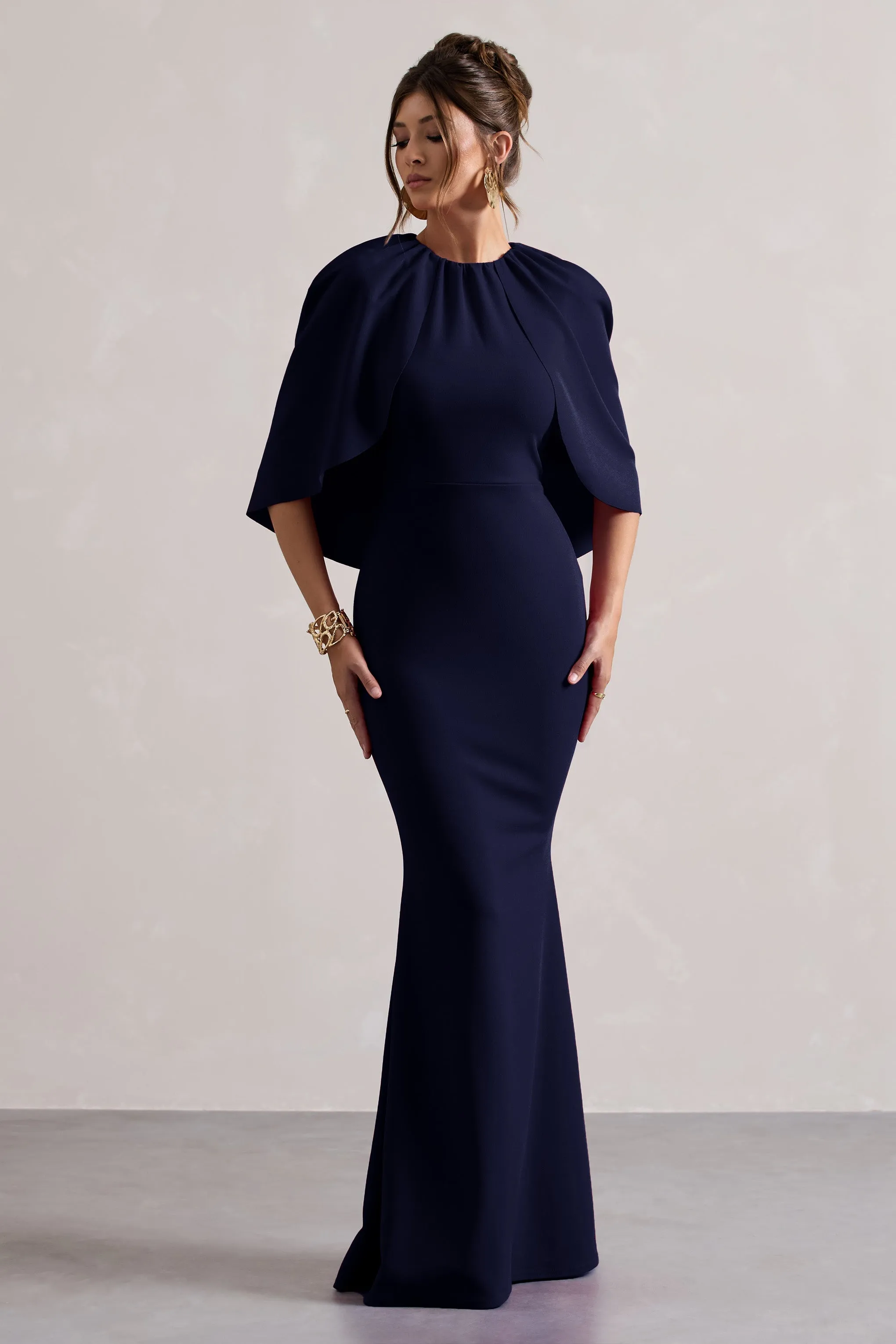 Kianne | Navy Draped Short-Sleeve Maxi Dress sold by Club L London