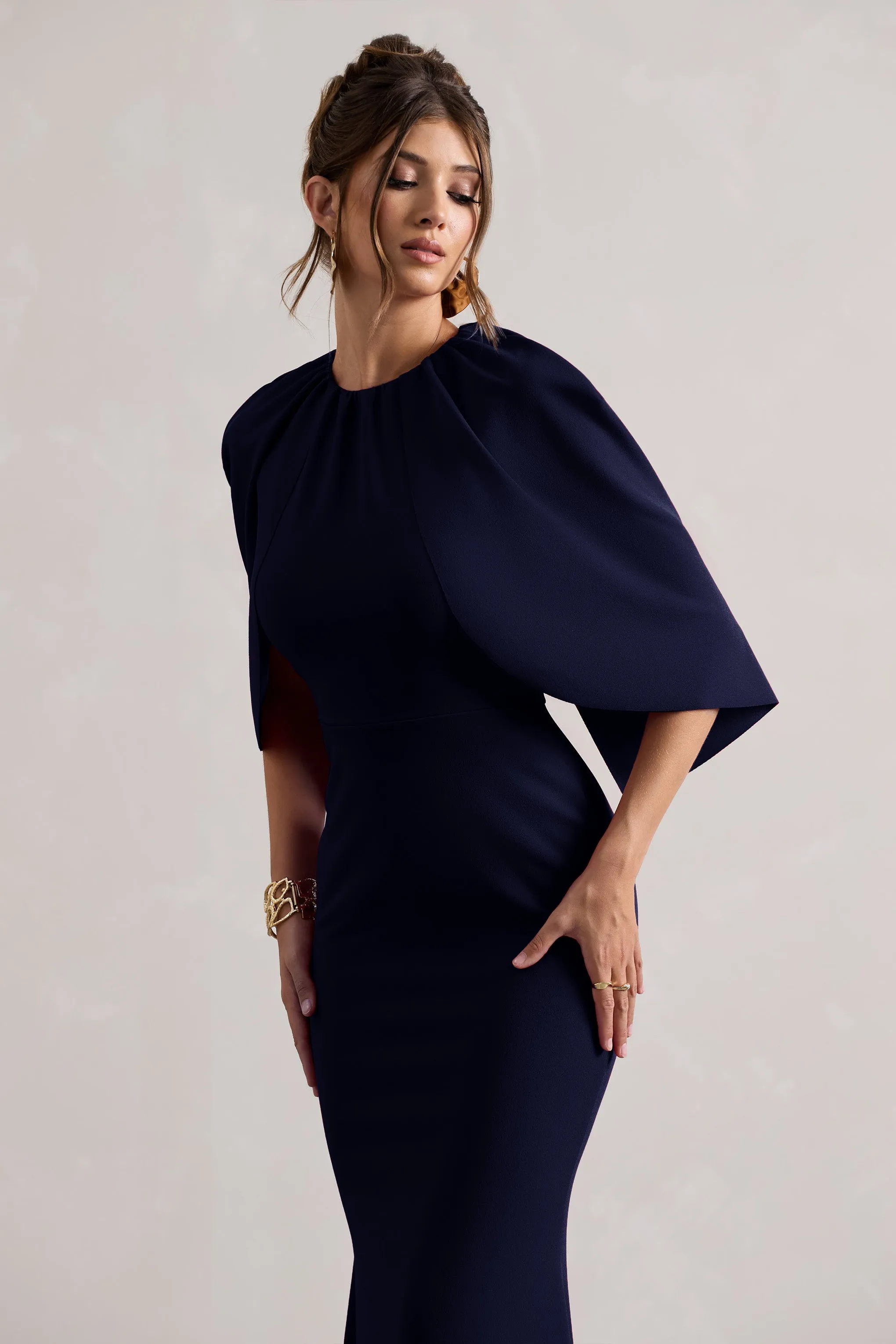 Kianne | Navy Draped Short-Sleeve Maxi Dress sold by Club L London product image thumbnail 3