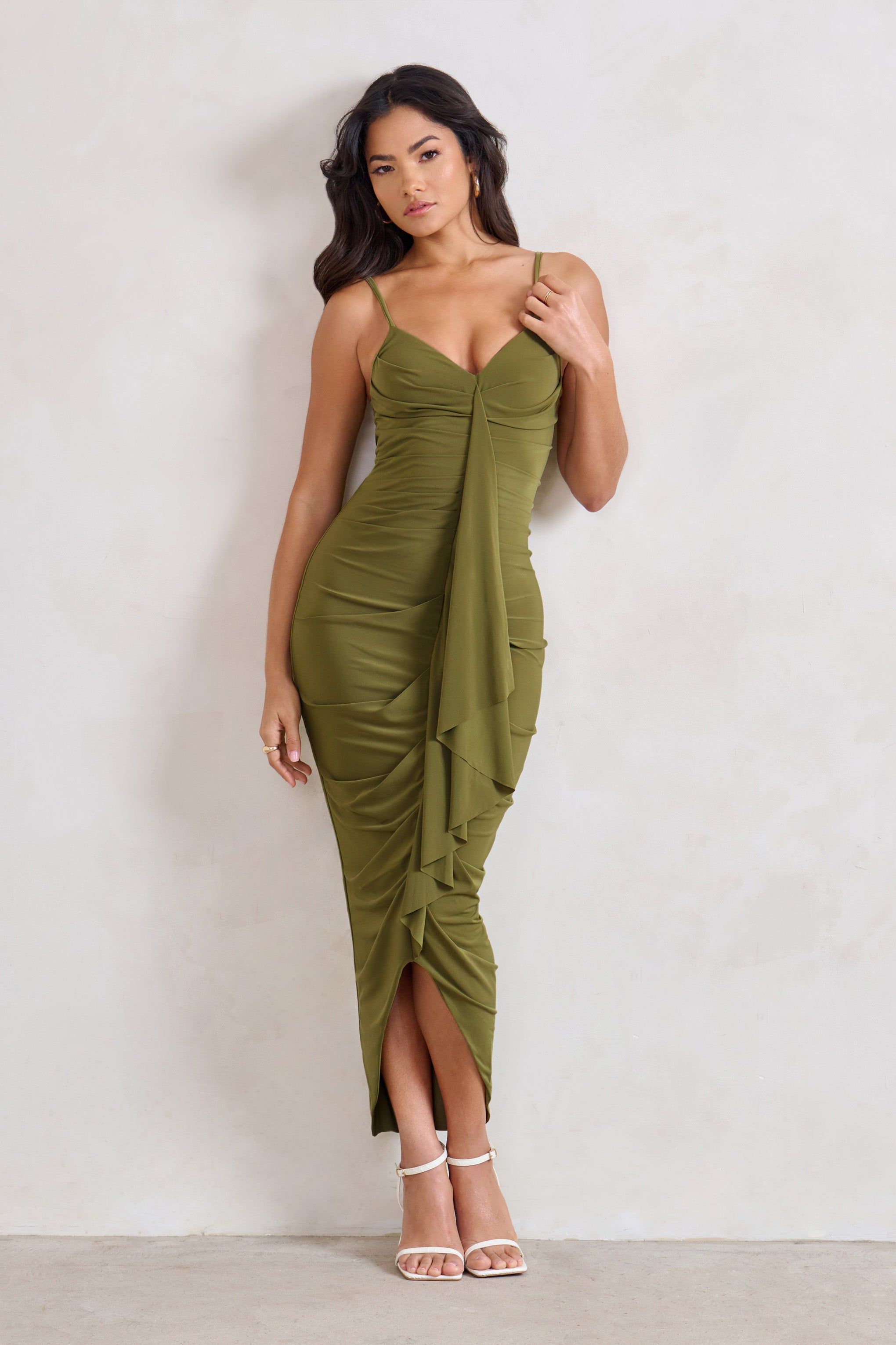 Dorothy | Olive Green Plunge V Neckline Ruffle Midi Dress sold by Club L London product image thumbnail 5