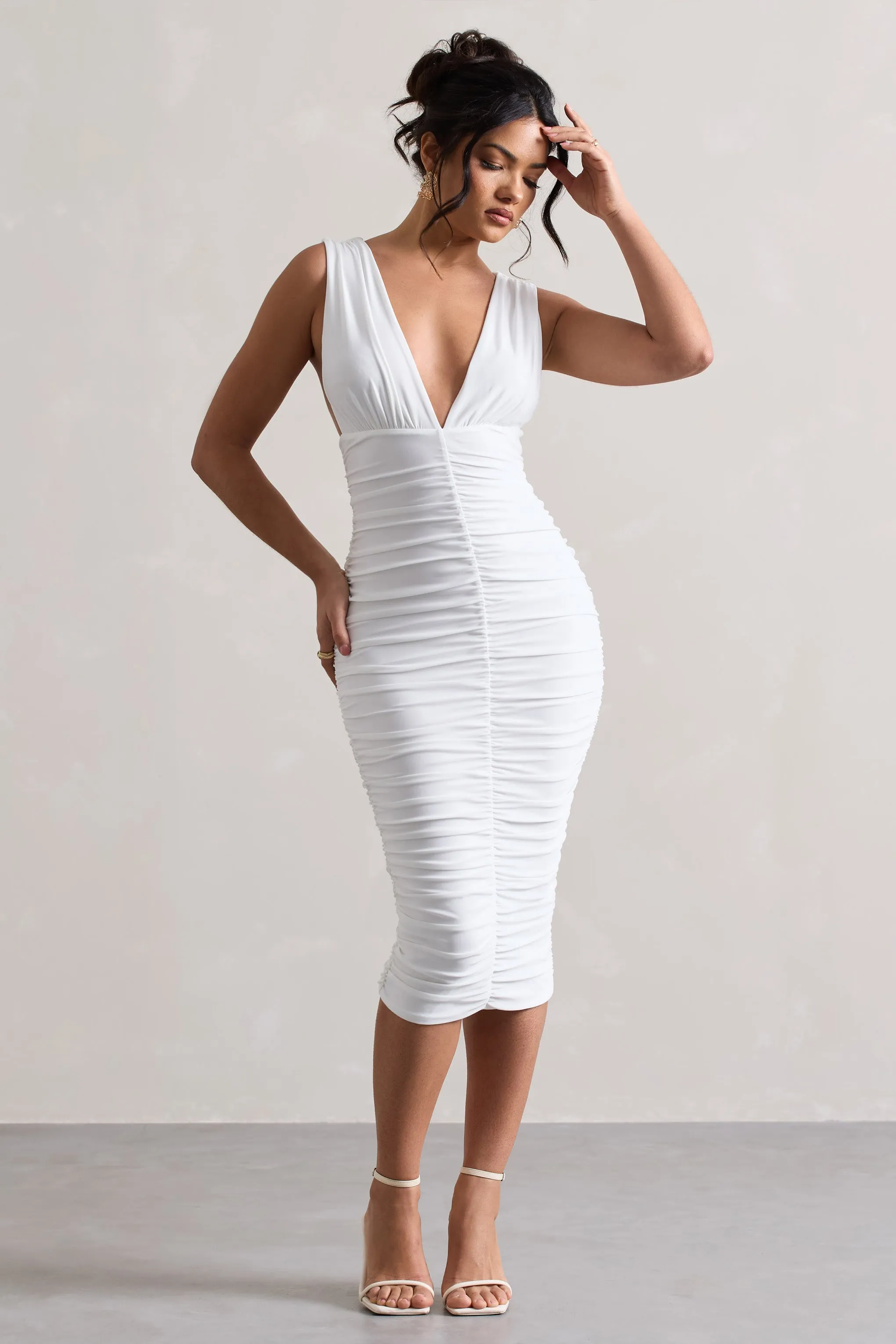 Attract | White Ruched Plunge-Neck Midi Dress sold by Club L London