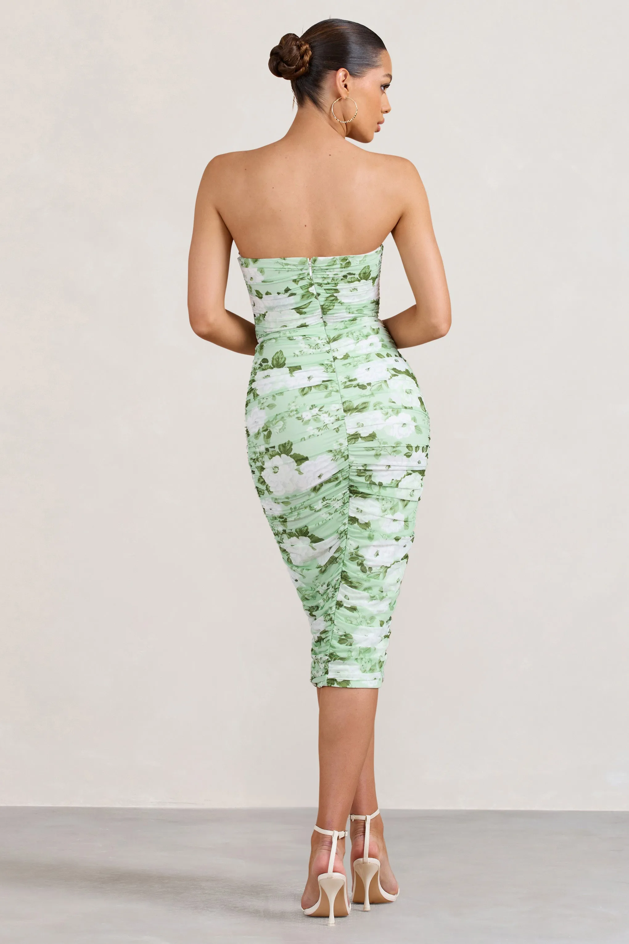 Negroni | White & Green Floral Print Bandeau Corset Ruched Mesh Midi Dress sold by Club L London product image thumbnail 2