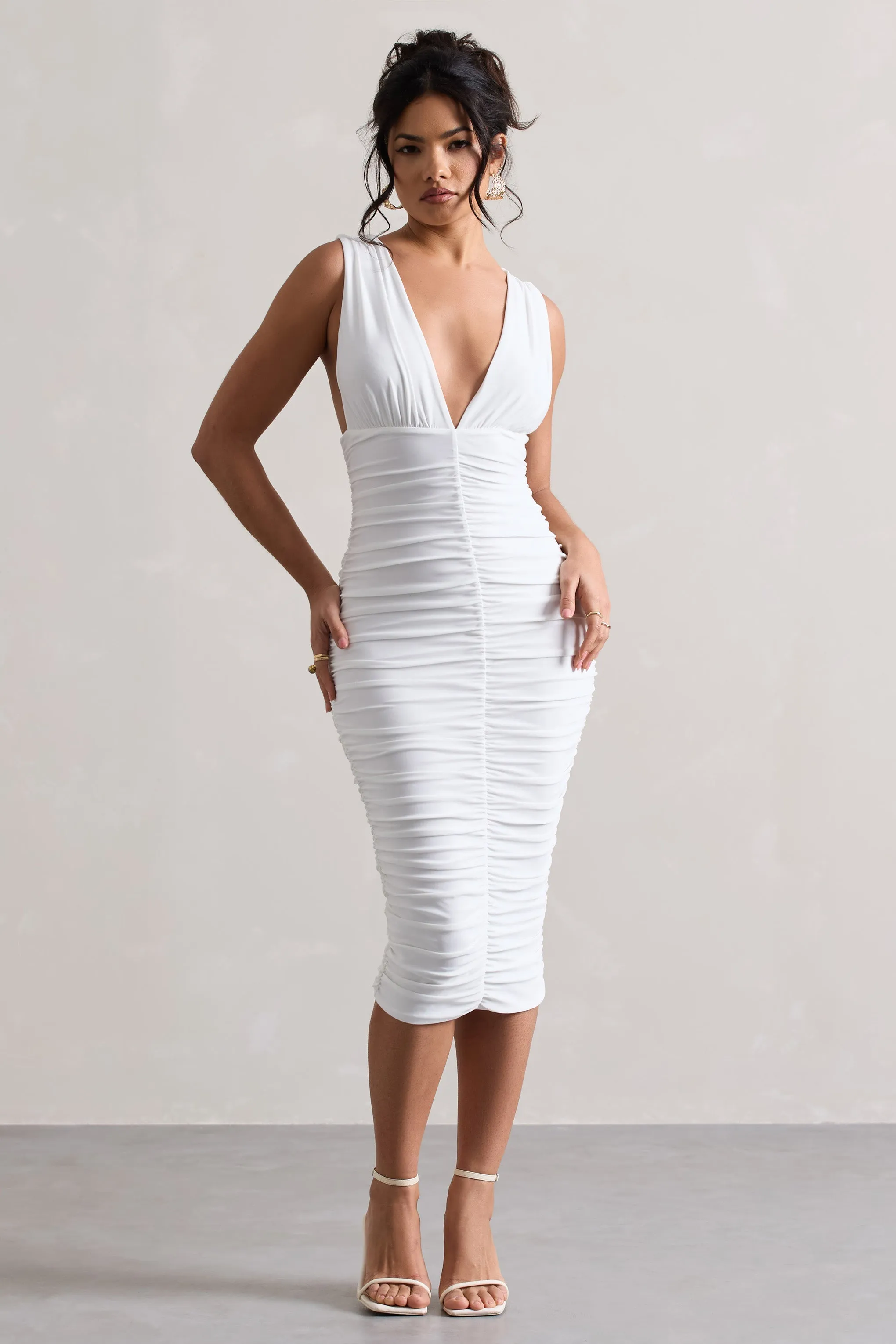 Attract | White Ruched Plunge-Neck Midi Dress sold by Club L London product image thumbnail 5