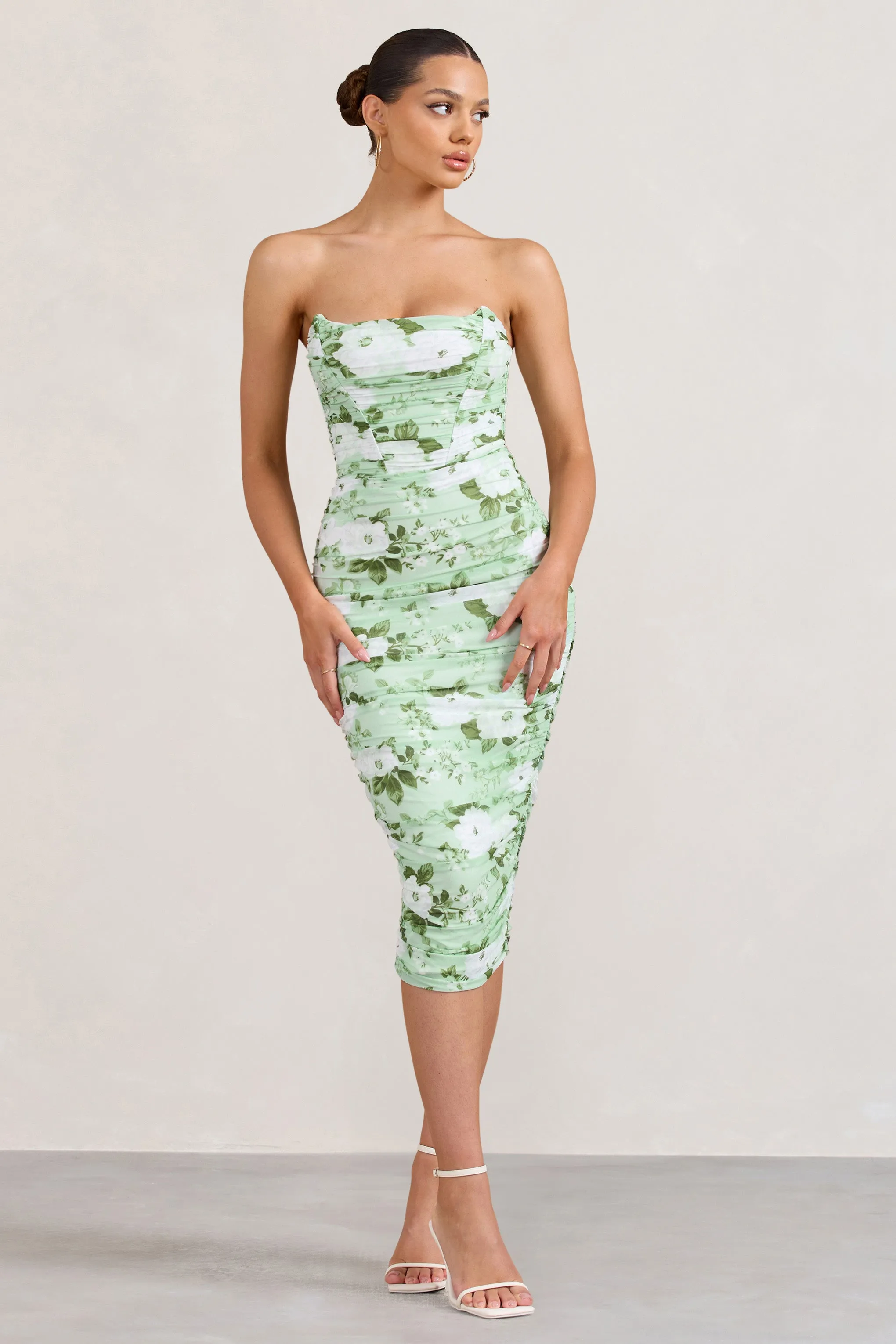 Negroni | White & Green Floral Print Bandeau Corset Ruched Mesh Midi Dress sold by Club L London
