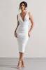 Attract | White Ruched Plunge-Neck Midi Dress sold by Club L London