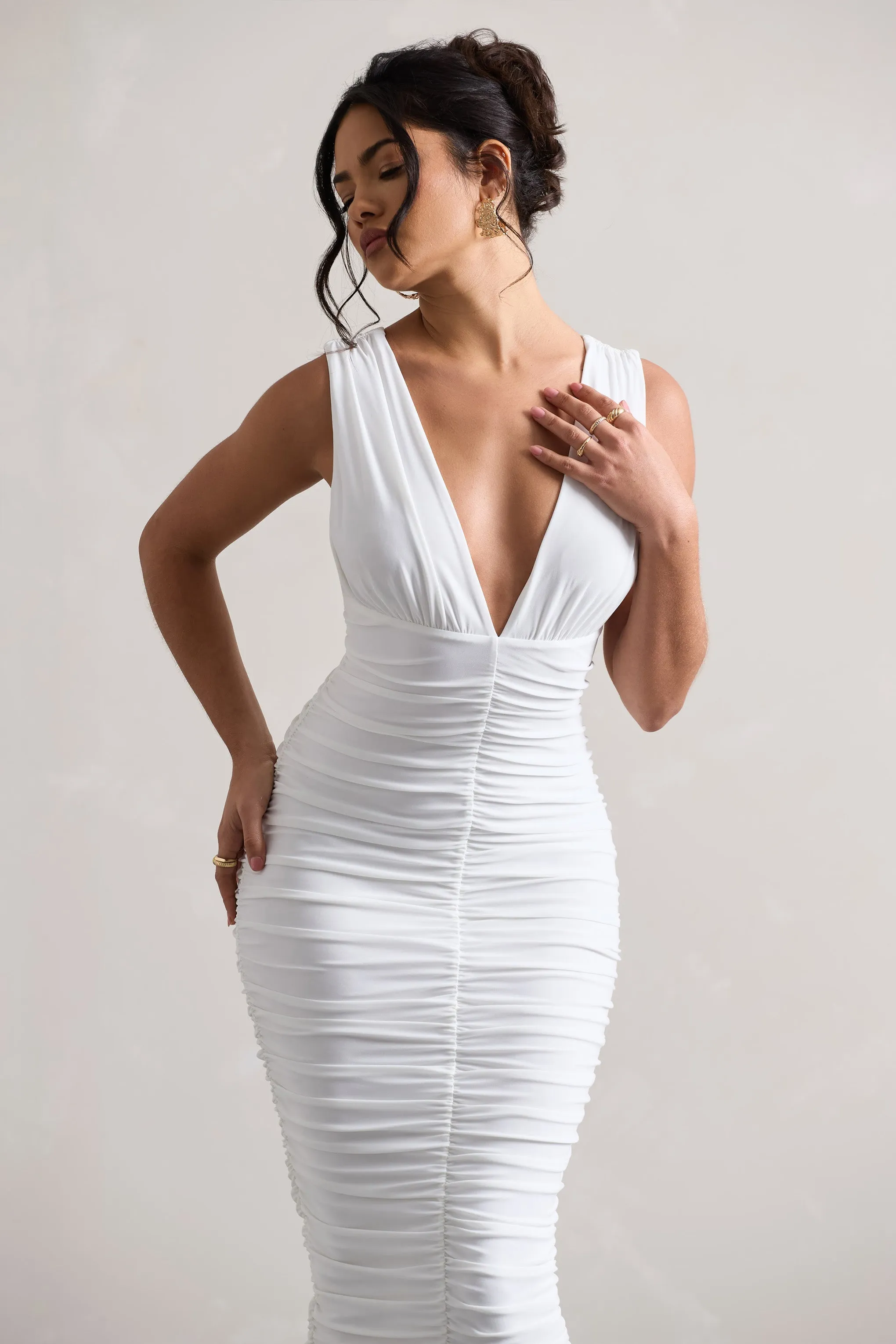 Attract | White Ruched Plunge-Neck Midi Dress sold by Club L London product image thumbnail 3