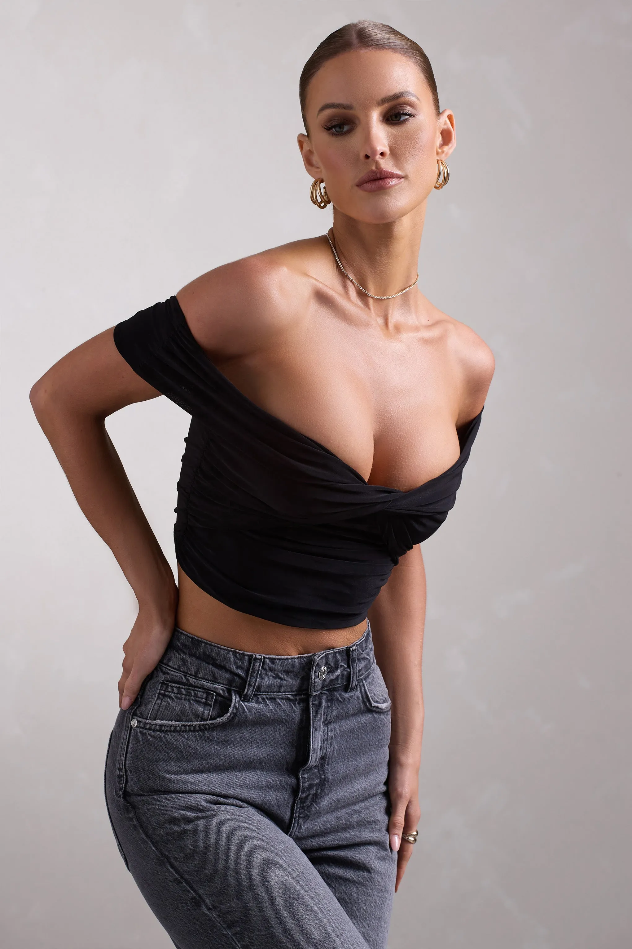 Torsion | Black Twisted Bardot Crop Top sold by Club L London