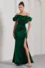 Esmeralda | Bottle Green Velvet Structured Ruffled Bardot Maxi Dress sold by Club L London
