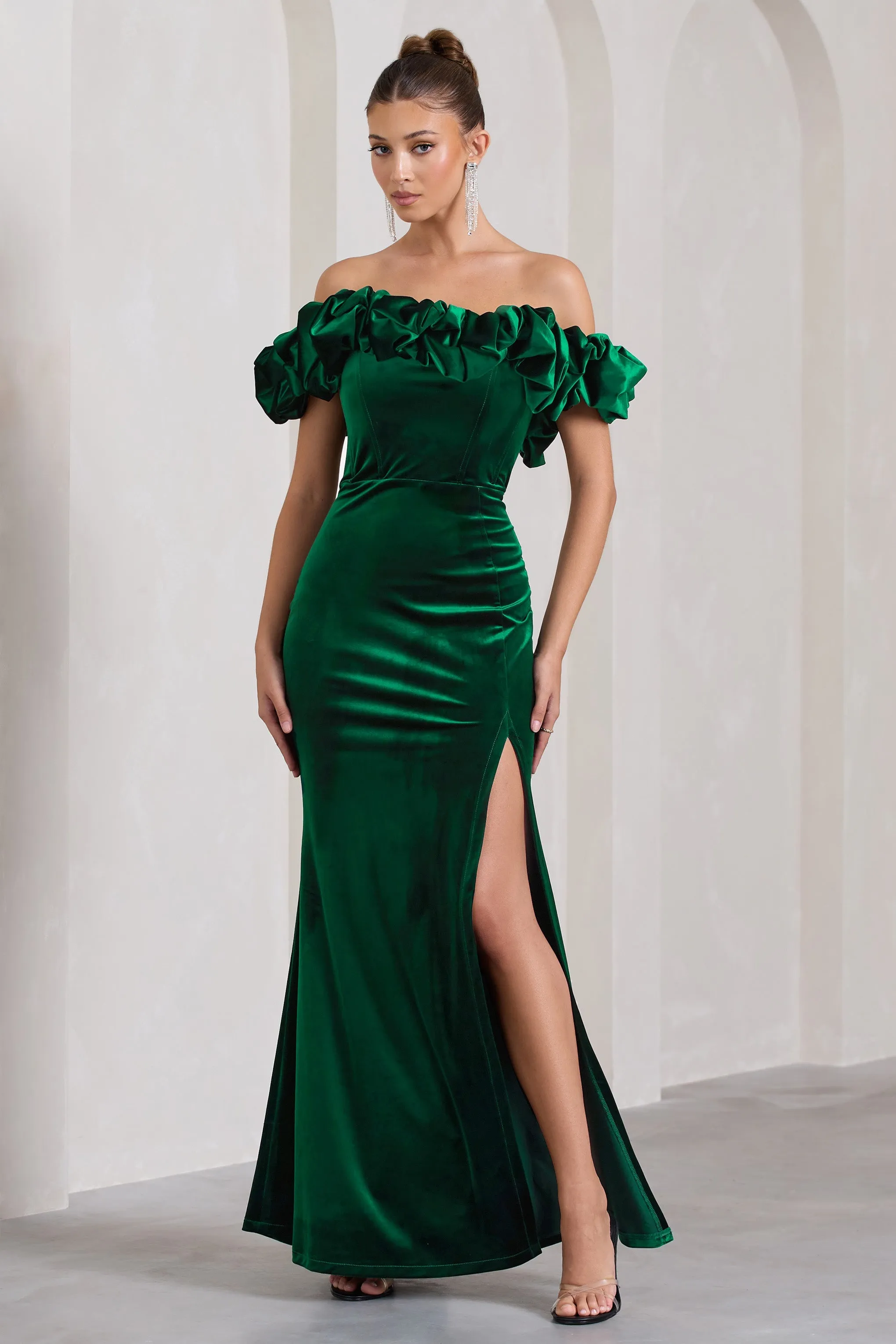 Esmeralda | Bottle Green Velvet Structured Ruffled Bardot Maxi Dress sold by Club L London