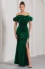 Esmeralda | Bottle Green Velvet Structured Ruffled Bardot Maxi Dress sold by Club L London