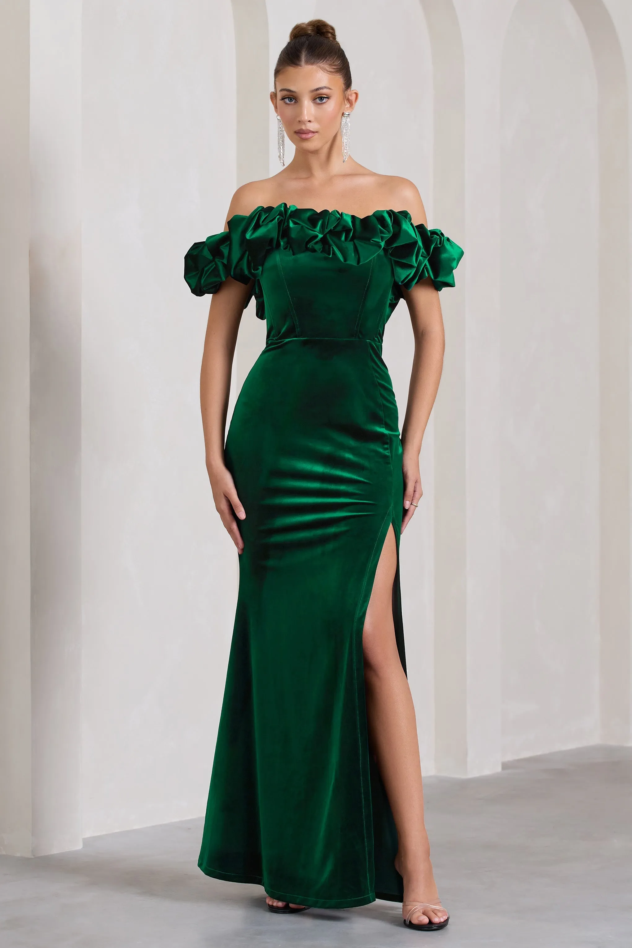 Esmeralda | Bottle Green Velvet Structured Ruffled Bardot Maxi Dress sold by Club L London product image thumbnail 4