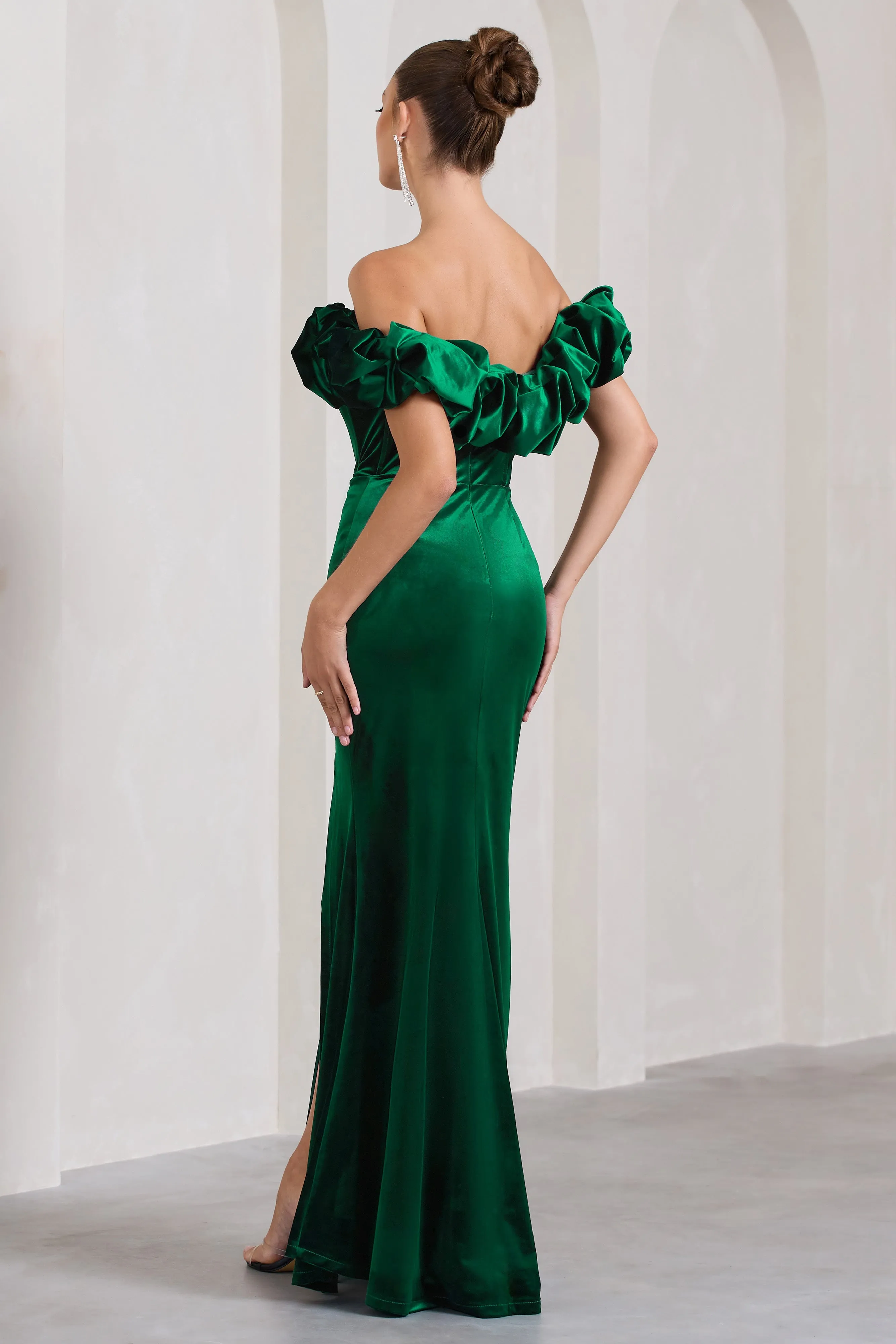 Esmeralda | Bottle Green Velvet Structured Ruffled Bardot Maxi Dress sold by Club L London product image thumbnail 2