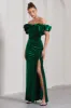 Esmeralda | Bottle Green Velvet Structured Ruffled Bardot Maxi Dress sold by Club L London