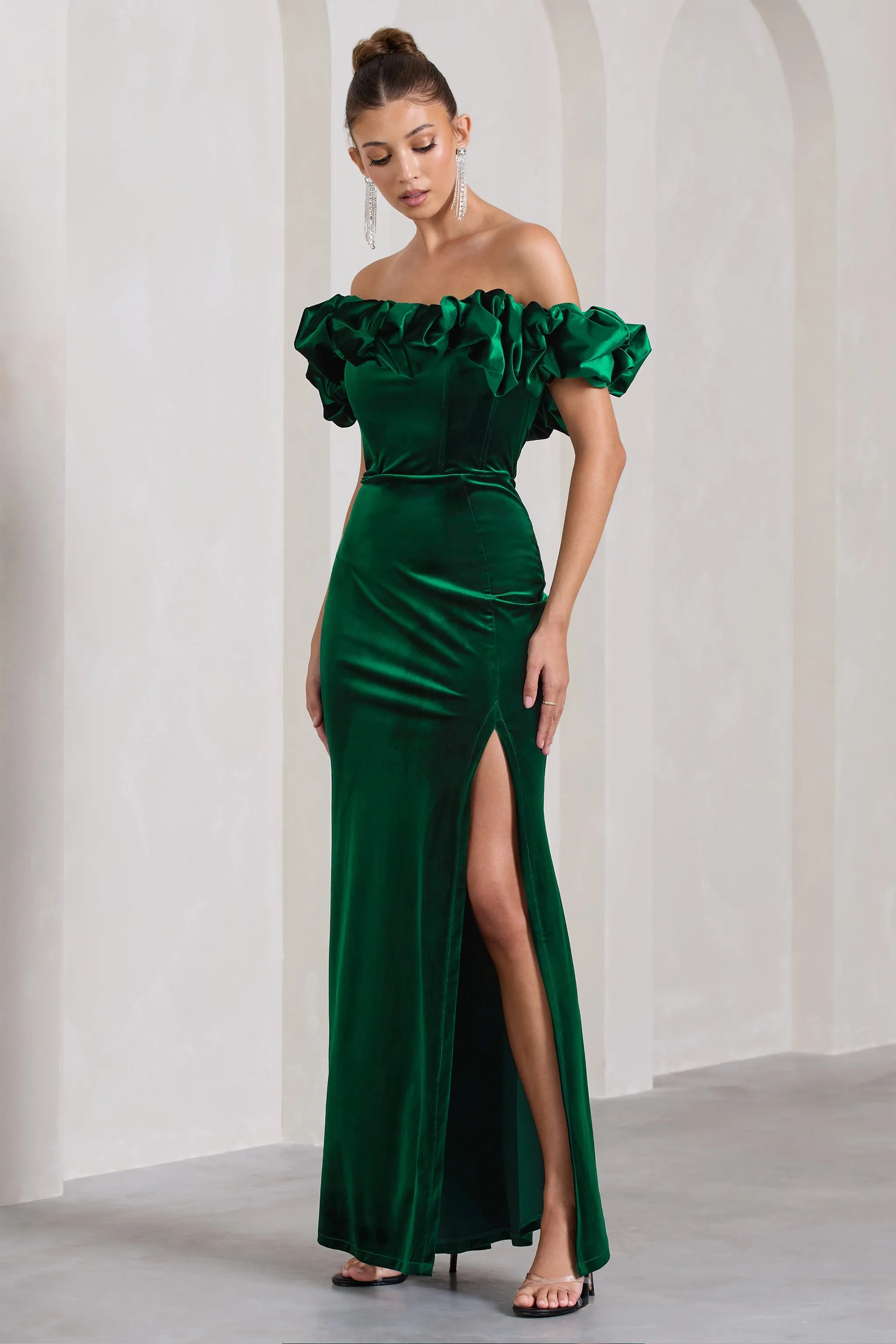Esmeralda | Bottle Green Velvet Structured Ruffled Bardot Maxi Dress sold by Club L London product image thumbnail 5